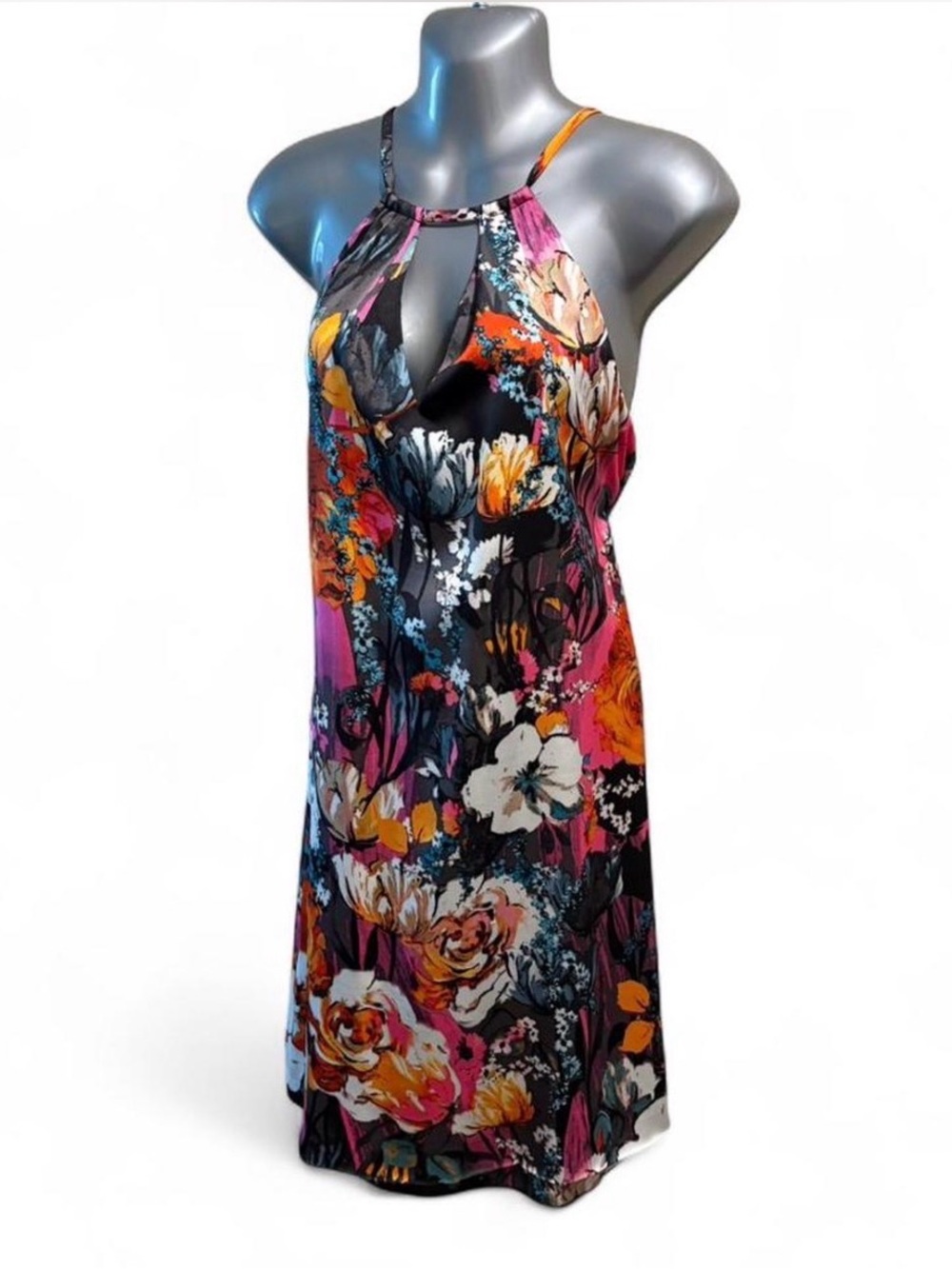 5Twelve Floral Halter Keyhole Slip Dress - Black, Pink, Orange Sz S